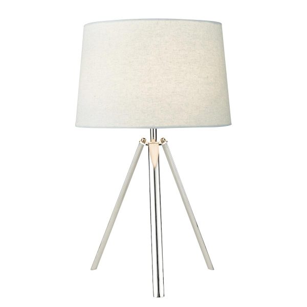 Dar Griffith tripod table lamp in polished chrome with grey fleck linen shade lit on white background