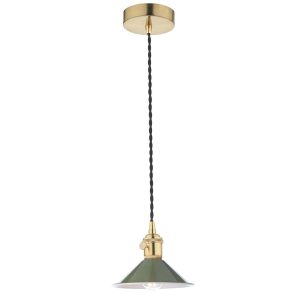 Dar Hadano small 1 light ceiling pendant with olive green shade in natural brass main image