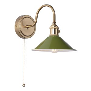 Hadano switched single wall light with olive green shade in natural brass main image