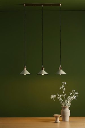 Dar Hadano 3 light bar ceiling pendant with cashmere shades in natural brass green roomset