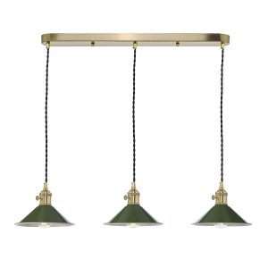 Dar Hadano 3 light bar ceiling pendant with olive green shades in natural brass main image