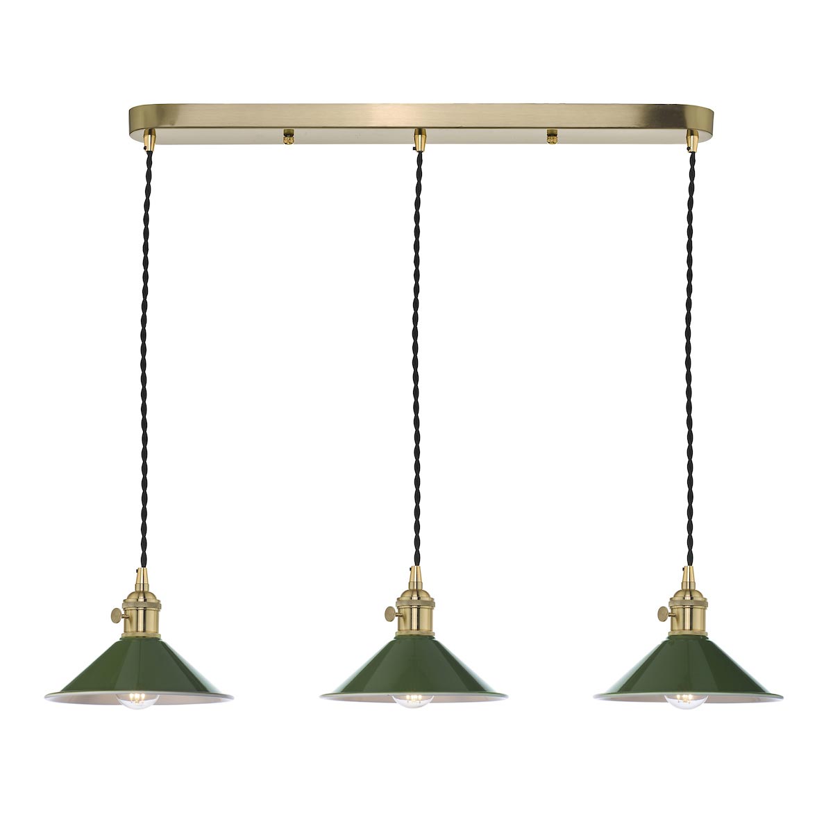 Dar Hadano 3 Light Ceiling Pendant Bar Olive Shades / Natural Brass