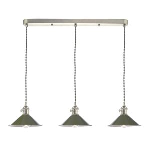 Dar Hadano 3 light bar ceiling pendant with olive green shades in antique chrome main image
