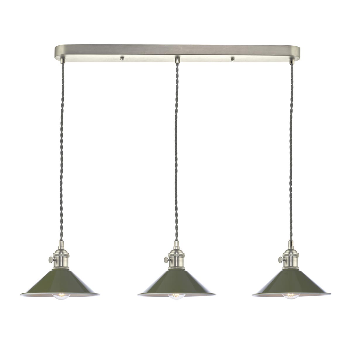 Dar Hadano 3 Light Ceiling Pendant Bar Olive Shades / Antique Chrome