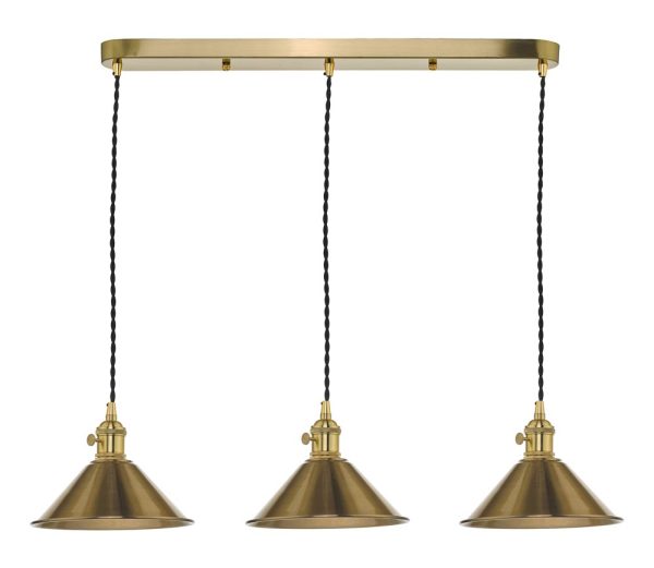 Dar Hadano 3 Lamp Retro Style Ceiling Pendant Light Aged Brass Finish