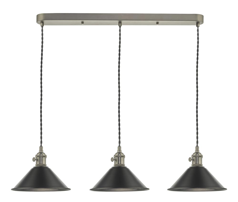 Dar Hadano 3 Light Ceiling Pendant Bar Pewter Shades / Antique Chrome