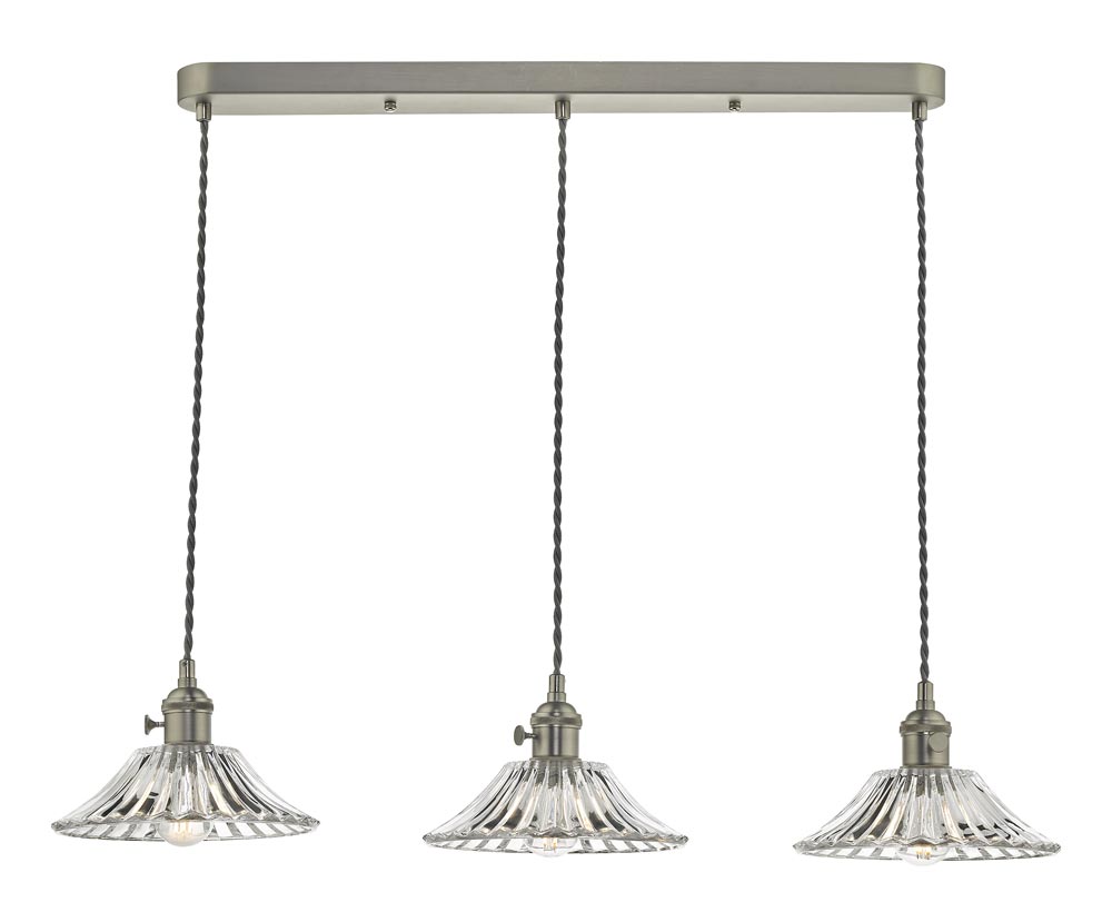 Dar Hadano 3 Light Retro Ceiling Pendant Antique Chrome Flared Glass