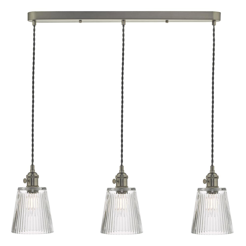 Dar Hadano 3 Light Retro Ceiling Pendant Antique Chrome Ribbed Glass