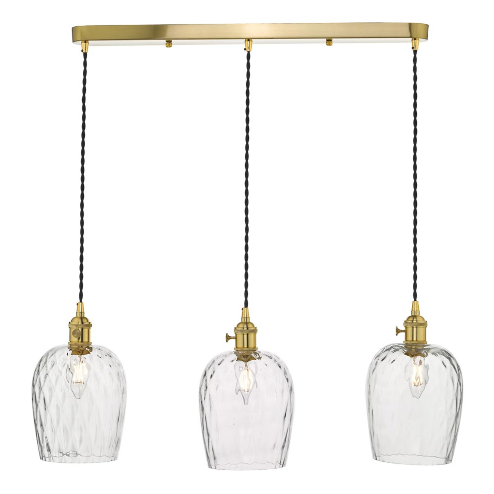 Dar Hadano 3 Light Retro Ceiling Pendant Natural Brass Dimpled Glass