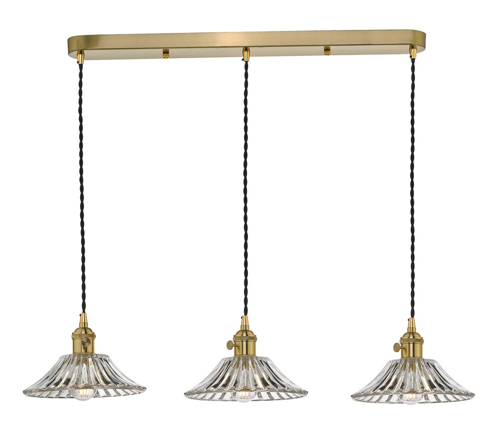 Dar Hadano 3 Light Retro Ceiling Pendant Brass & Flared Glass Shades