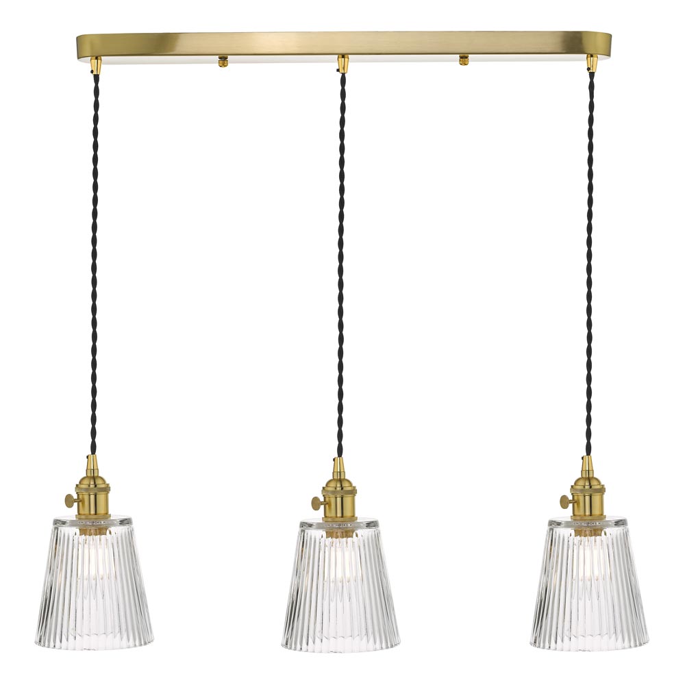 Dar Hadano 3 Light Retro Ceiling Pendant Natural Brass Ribbed Glass