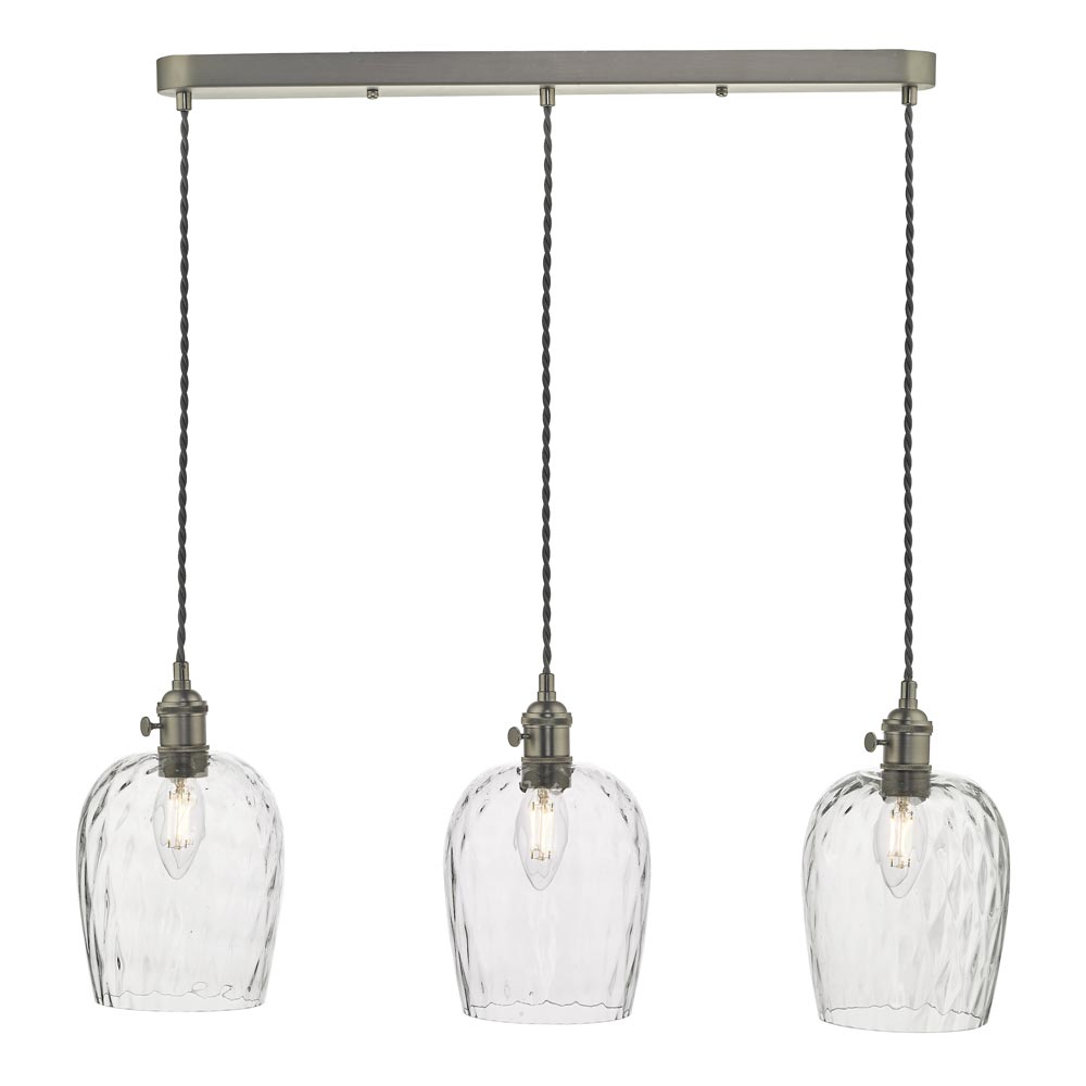 Dar Hadano 3 Light Retro Ceiling Pendant Antique Chrome Dimpled Glass