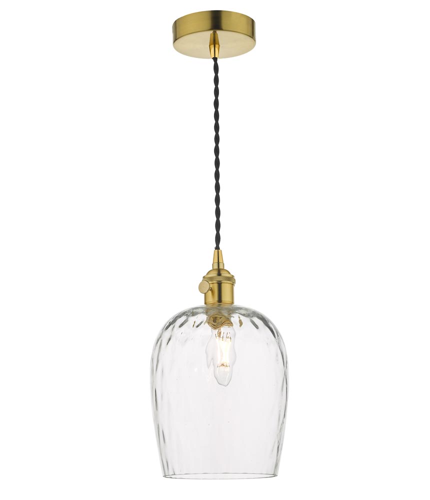 Dar Hadano Small 1 Light Retro Pendant Natural Brass Dimpled Glass