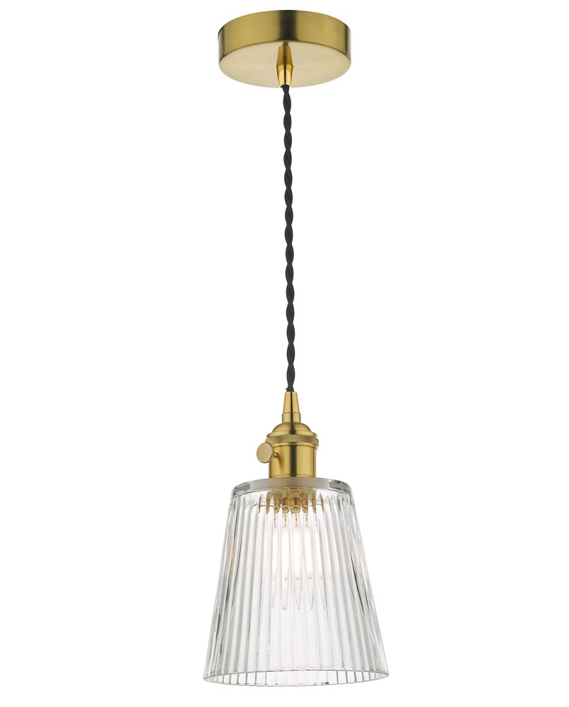 Dar Hadano Small 1 Light Retro Pendant Natural Brass Ribbed Glass