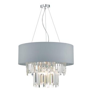 Dar Halle 6 light pendant chandelier with grey fabric shade and crystal drops main image