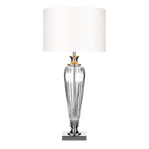 Dar Hinton 1 light crystal base table lamp with white faux silk shade in polished chrome on white background