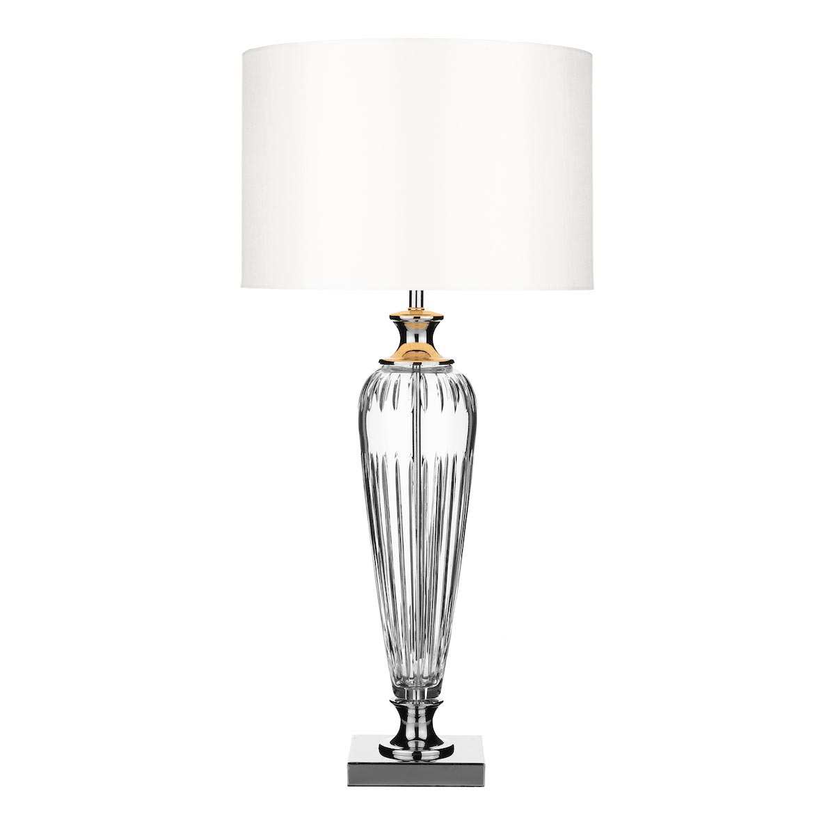 Dar Hinton Crystal Base Table Lamp White Faux Silk Shade Chrome