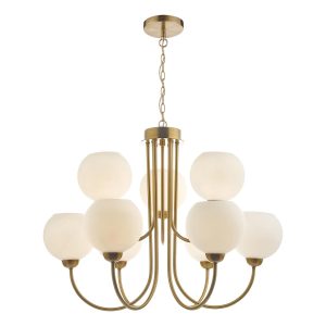 Dar Indra 9 light pendant chandelier in solid natural brass with opal glass main image