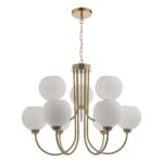 Dar Indra 9 Light Pendant Chandelier Solid Natural Brass Opal Glass