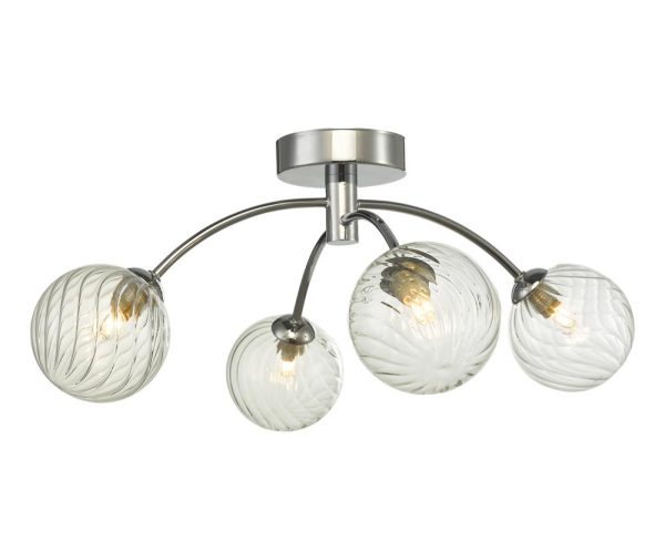Dar Izzy Chrome 4 Lamp Semi Flush Low Ceiling Light Swirl Glass Globes