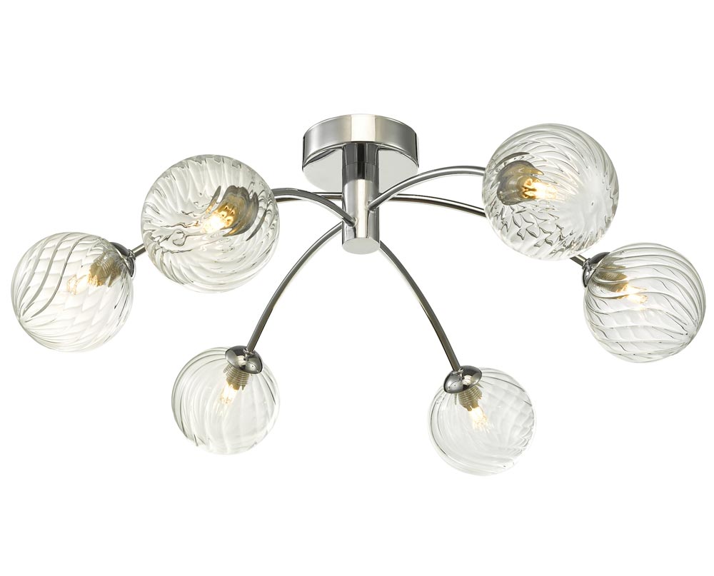 Dar Izzy Chrome 6 Lamp Semi Flush Low Ceiling Light Swirl Glass Globes