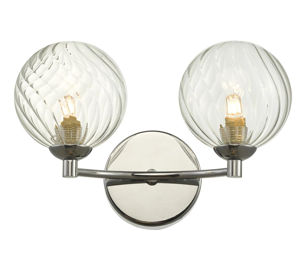 Dar Izzy Polished Chrome 2 Lamp Twin Wall Light Swirl Glass Shades