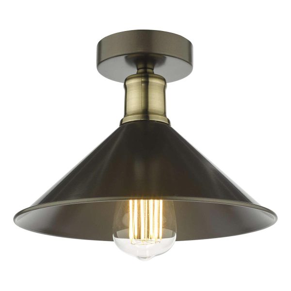 Dar Jalen Industrial 1 Lamp Flush Ceiling Light Graphite & Antique Brass