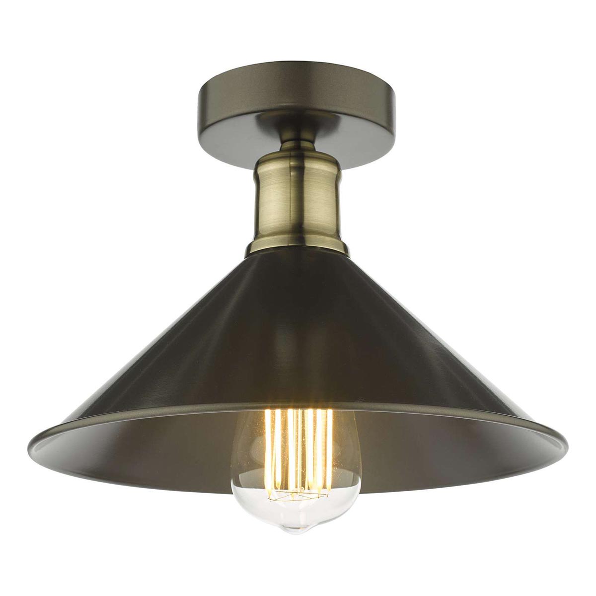 Dar Jalen Industrial 1 Lamp Flush Ceiling Light Graphite & Antique Brass