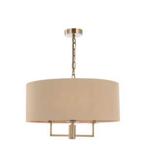 Dar Jamelia 3 light pendant with taupe shade in antique brass main image