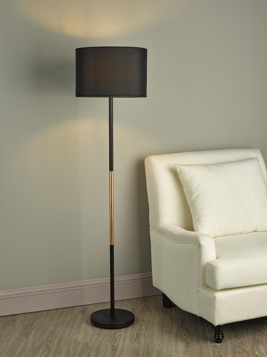 Dar Kelso Elegant 1 Light Floor Lamp Standard Black / Copper With Shade