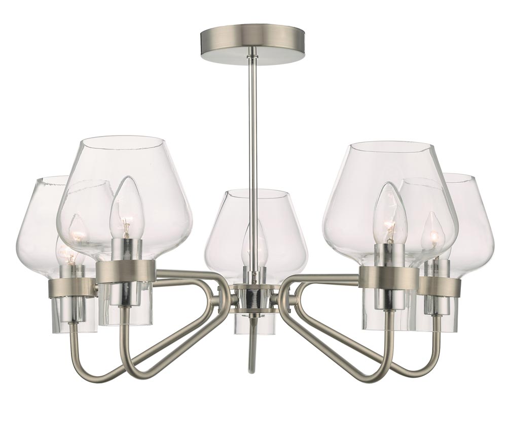 Dar Keta 5 Arm Semi Flush Low Ceiling Light Satin Chrome Glass Shades