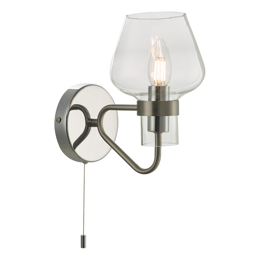 Dar Keta 1 Lamp Single Switched Wall Light Satin Chrome Glass Shade