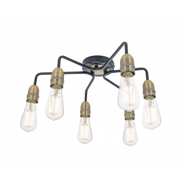 Dar Kiefer industrial 6 light flush low ceiling light black and antique brass main image