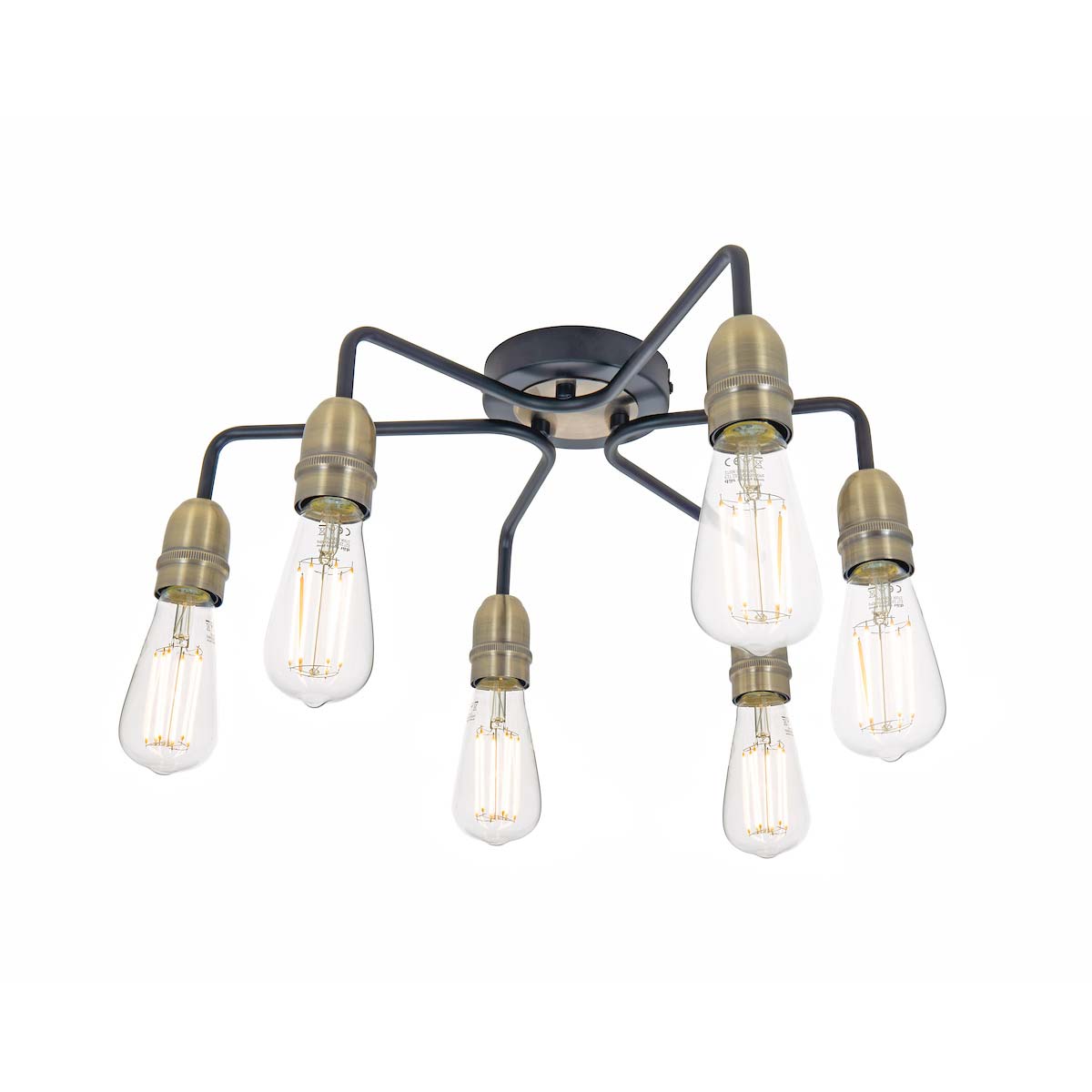 Dar Kiefer Industrial 6 Light Flush Ceiling Light Matt Black Antique Brass