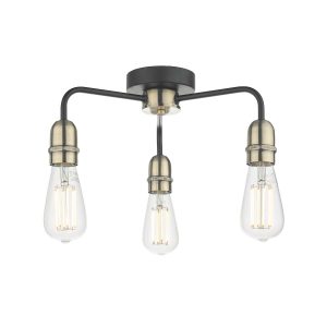 Dar Kiefer industrial 3 light flush low ceiling light black and antique brass main image