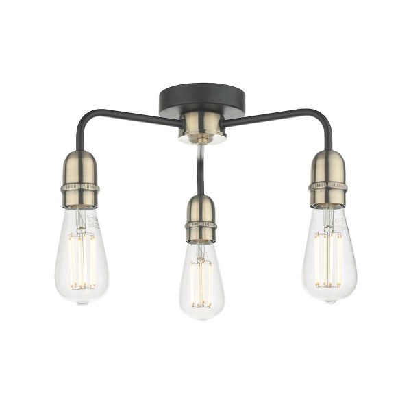 Dar Kiefer industrial 3 light flush low ceiling light black and antique brass main image