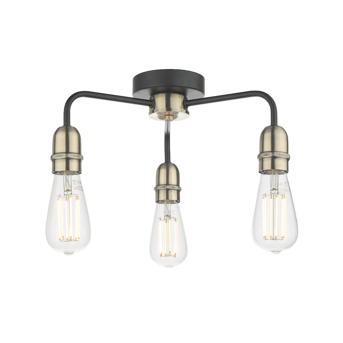 Dar Kiefer Industrial 3 Light Flush Ceiling Light Matt Black Antique Brass