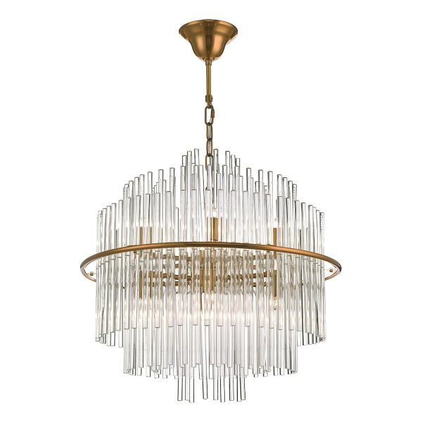 Dar Lukas 13 light chandelier pendant in antique gold with glass rods main image