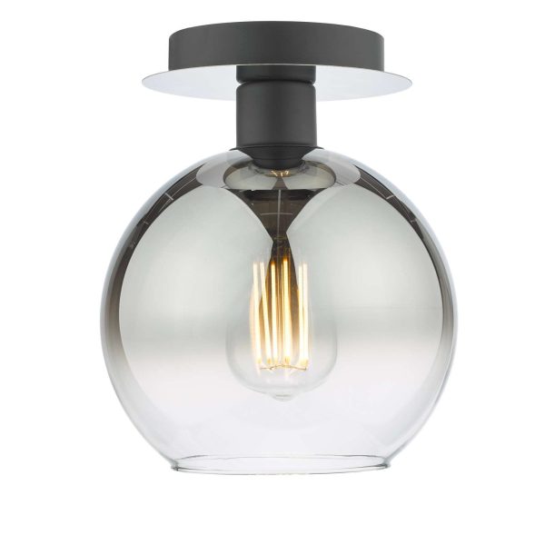 Dar Lycia matt black 1 light flush ceiling light with smoked glass shade main image