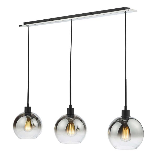 Lycia matt black 3 light bar pendant with smoked glass shades on white background lit