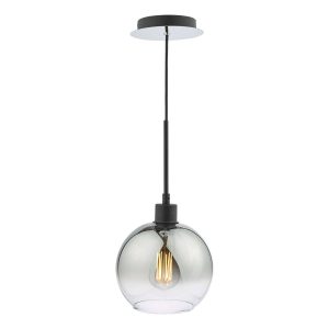 Lycia matt black 1 light pendant with smoked glass shade on white background lit