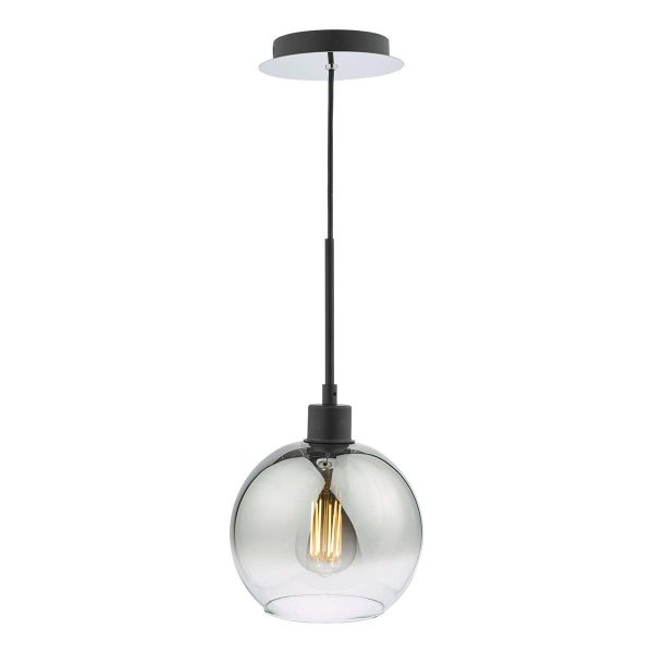 Lycia matt black 1 light pendant with smoked glass shade on white background lit