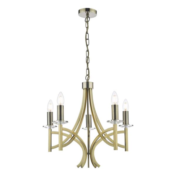 Dar Lyon 5 arm chandelier in antique brass with crystal main image