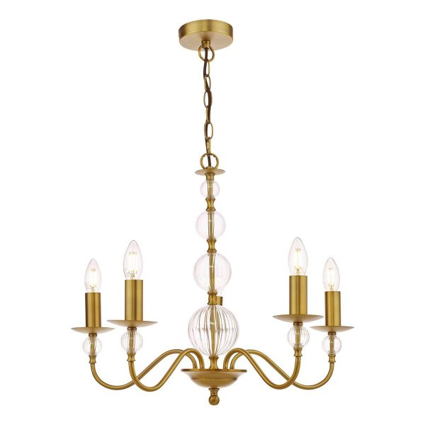Dar Lyzette aged brass 5 arm chandelier with ribbed glass globes main image