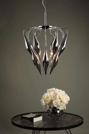 Dar Magdalena 6 light ceiling pendant with smoked glass and chrome roomset over table
