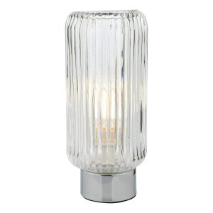 Dar Mason 1 light touch dimmer table lamp in chrome with ribbed glass shade shown lit