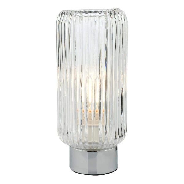 Dar Mason 1 light touch dimmer table lamp in chrome with ribbed glass shade shown lit