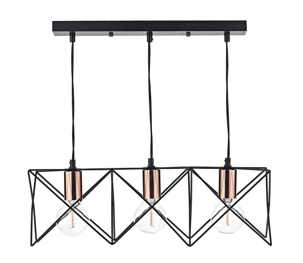 Dar Midi Matt Black 3 Light Ceiling Pendant Bar Polished Copper Detail