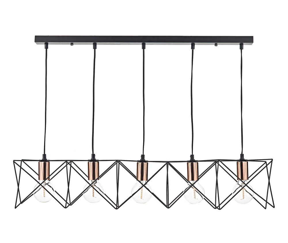 Dar Midi Matt Black 5 Light Ceiling Pendant Bar Polished Copper Detail