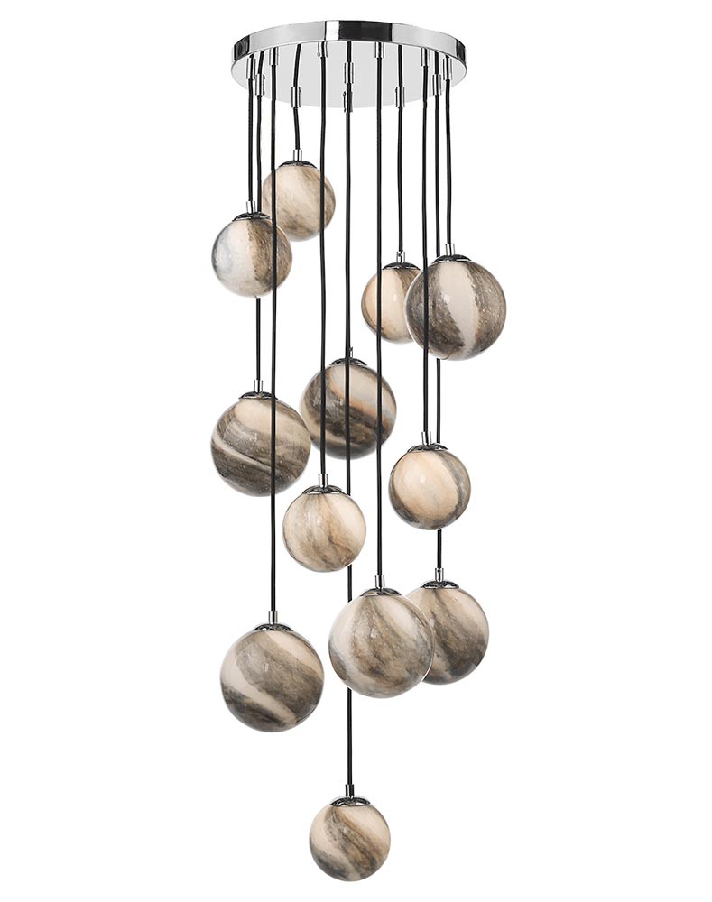 Dar Mikara 12 Light Cluster Ceiling Pendant Chrome Art Glass Globes